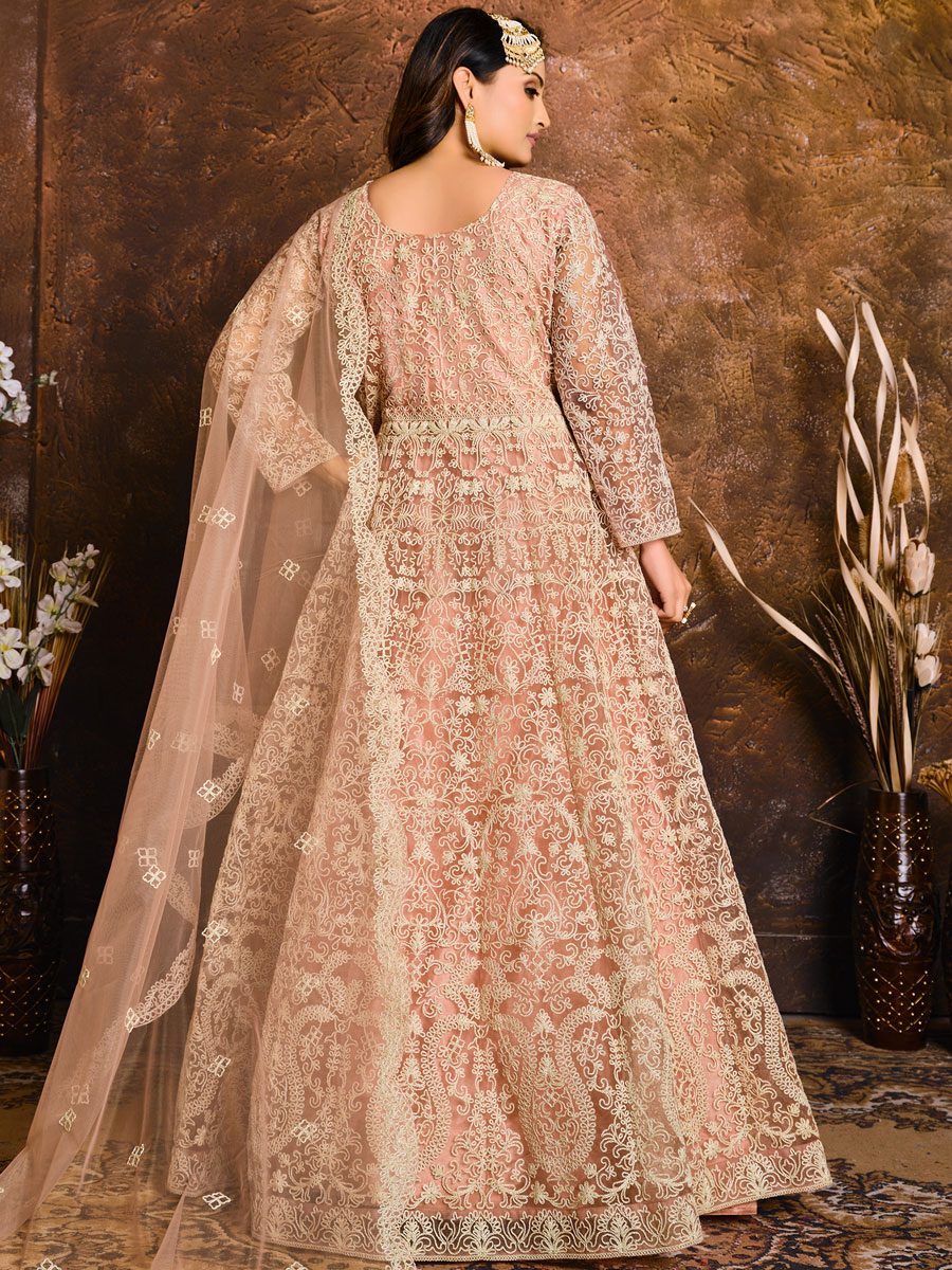 Coral Pink Net Embroidered Festival Lawn Kameez