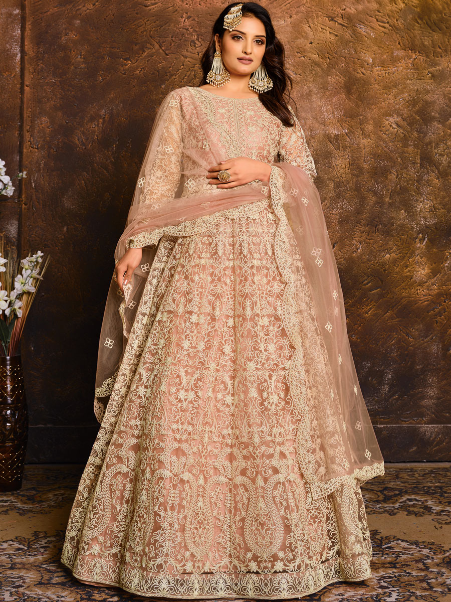Coral Pink Net Embroidered Festival Lawn Kameez
