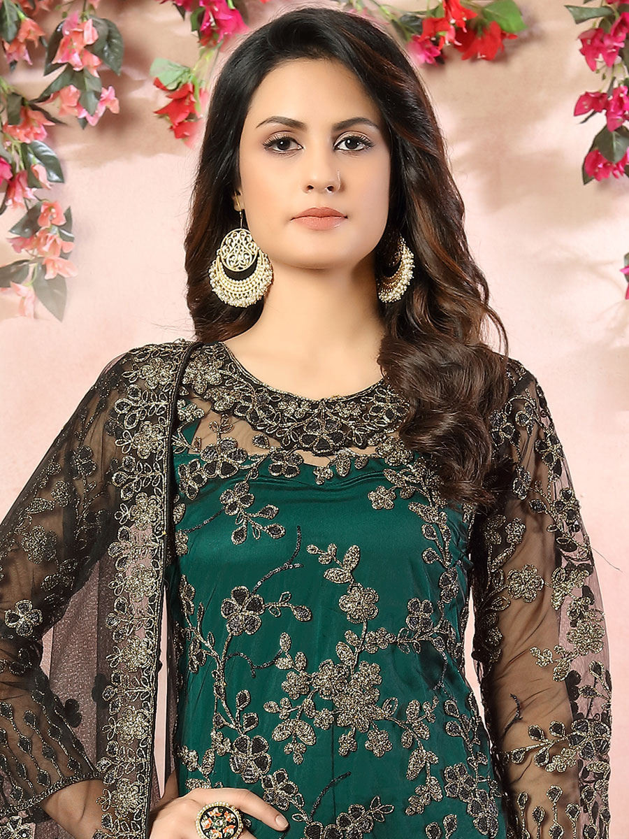 Hunter Green Net Embroidered Party Pant Kameez