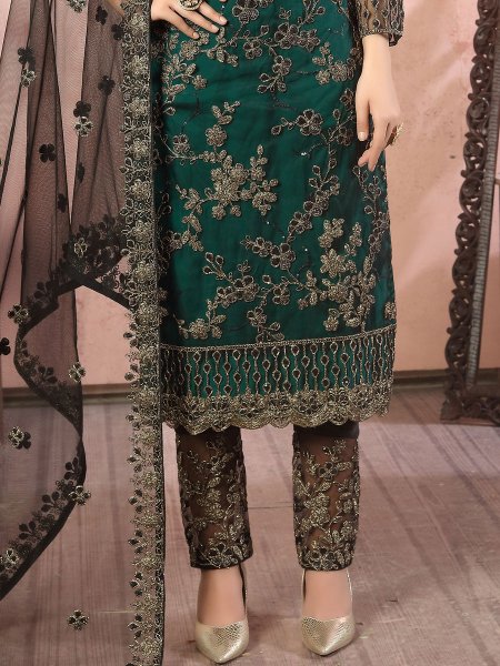 Hunter Green Net Embroidered Party Pant Kameez