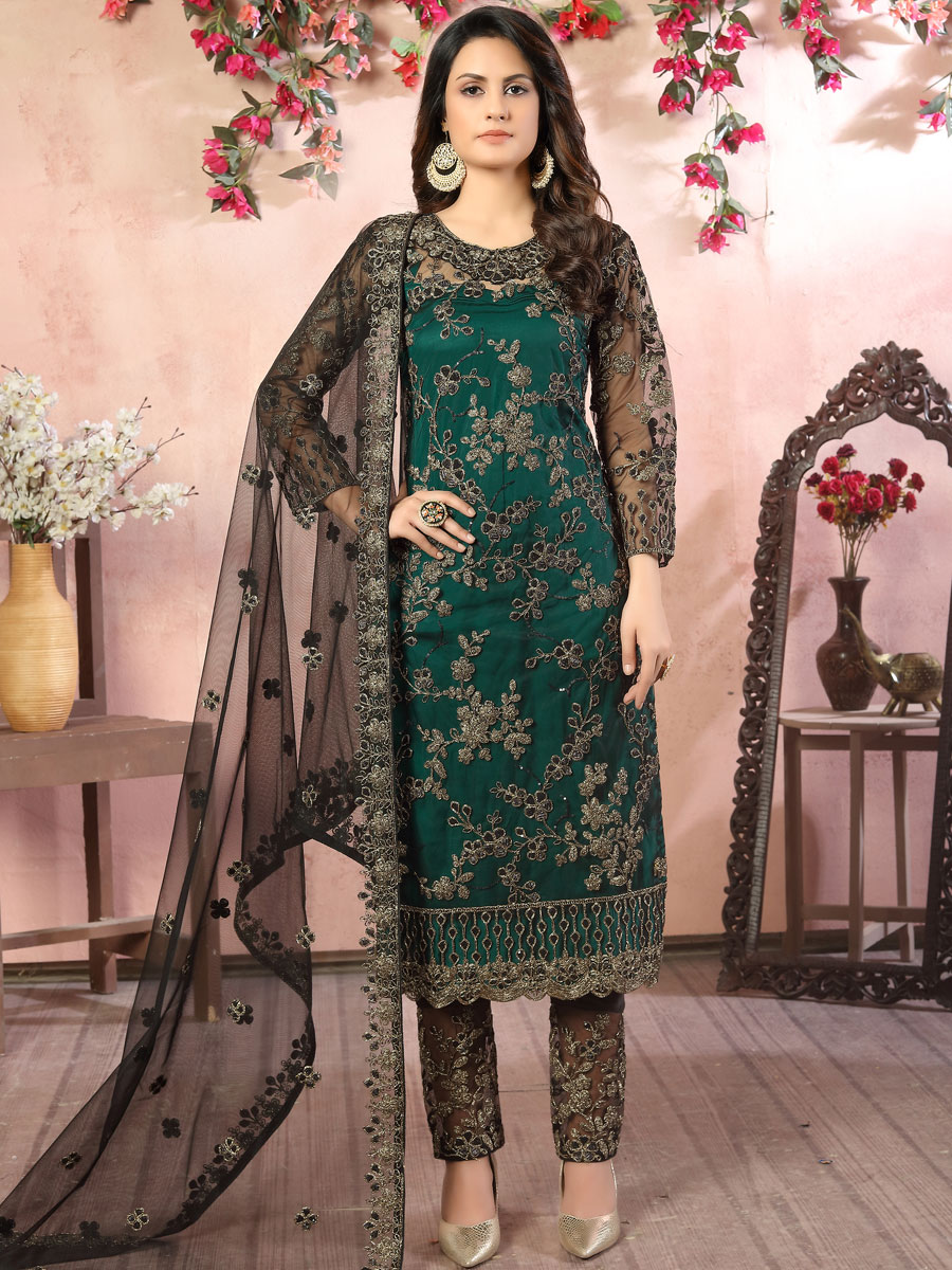 Hunter Green Net Embroidered Party Pant Kameez