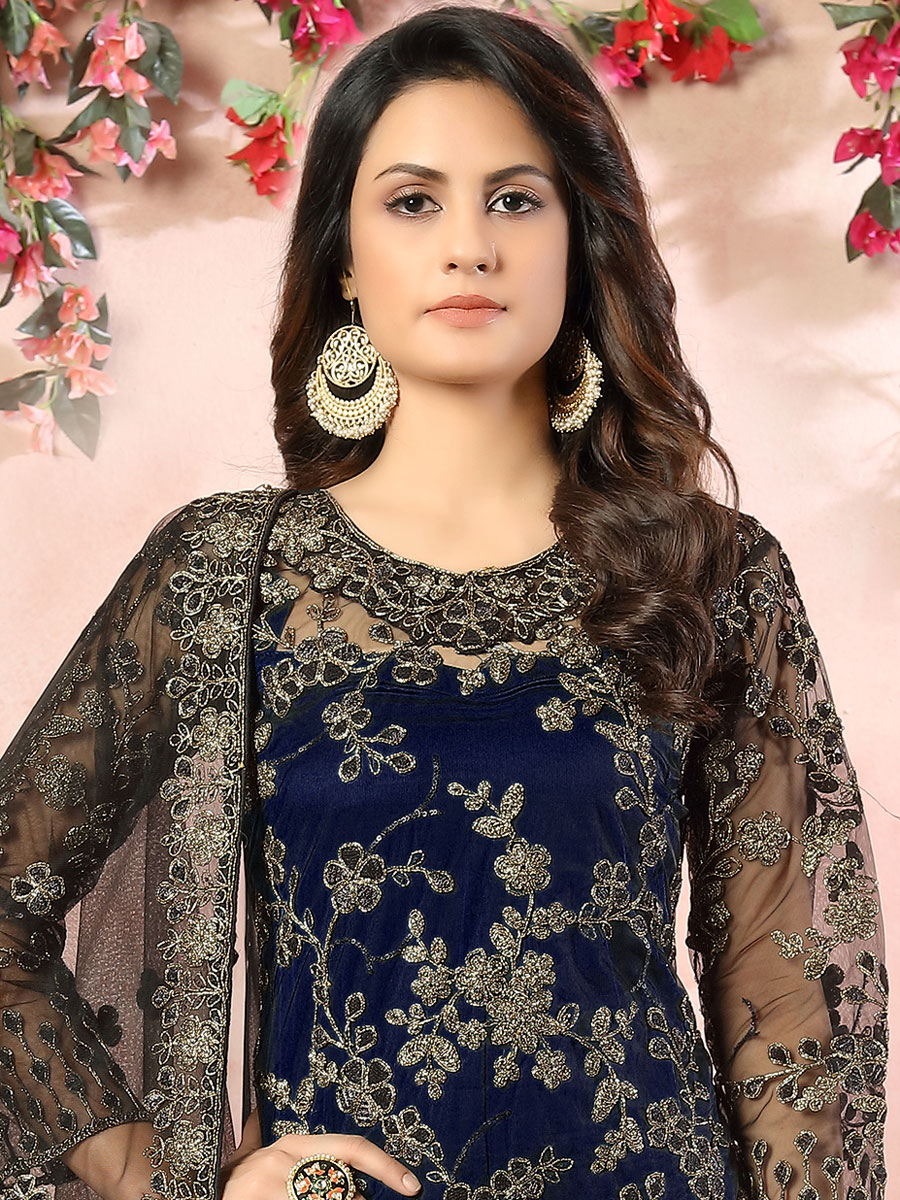 Navy Blue Net Embroidered Party Pant Kameez