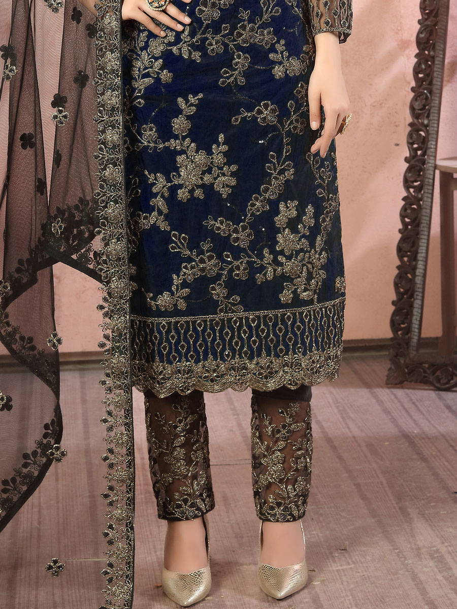 Navy Blue Net Embroidered Party Pant Kameez