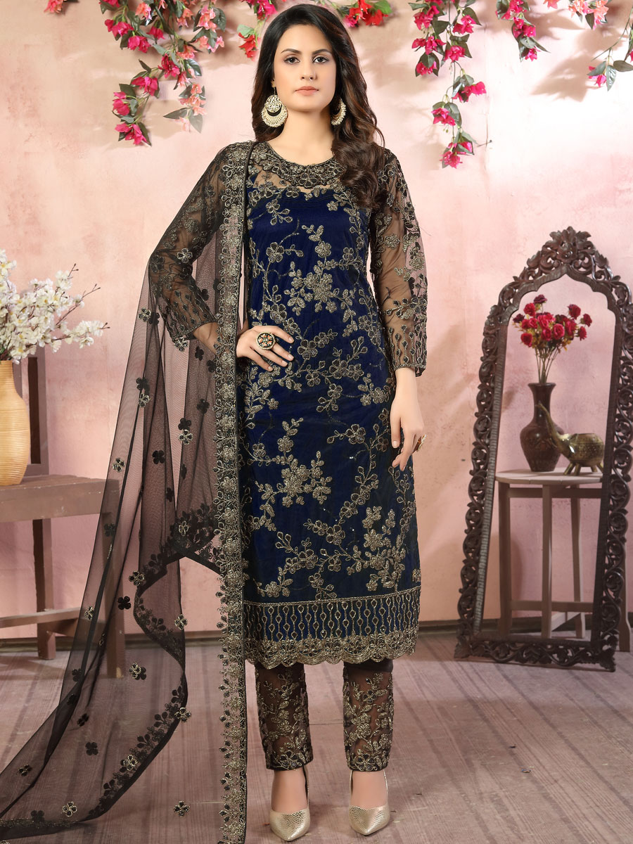 Navy Blue Net Embroidered Party Pant Kameez