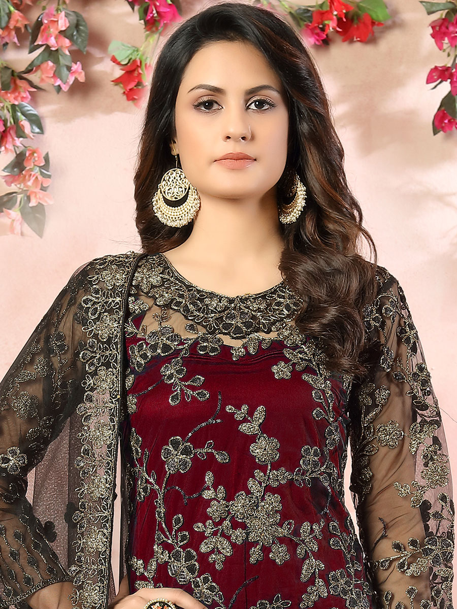 Maroon Net Embroidered Party Pant Kameez