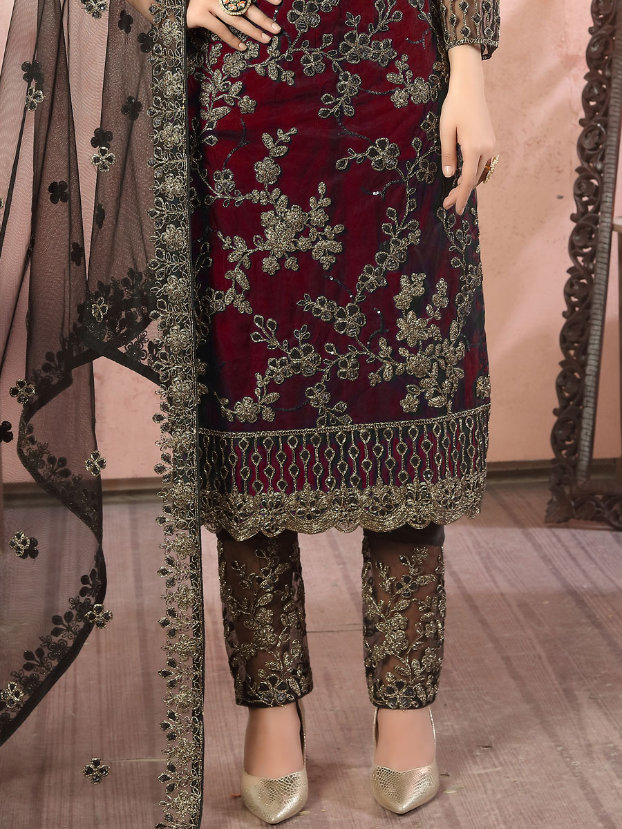 Maroon Net Embroidered Party Pant Kameez