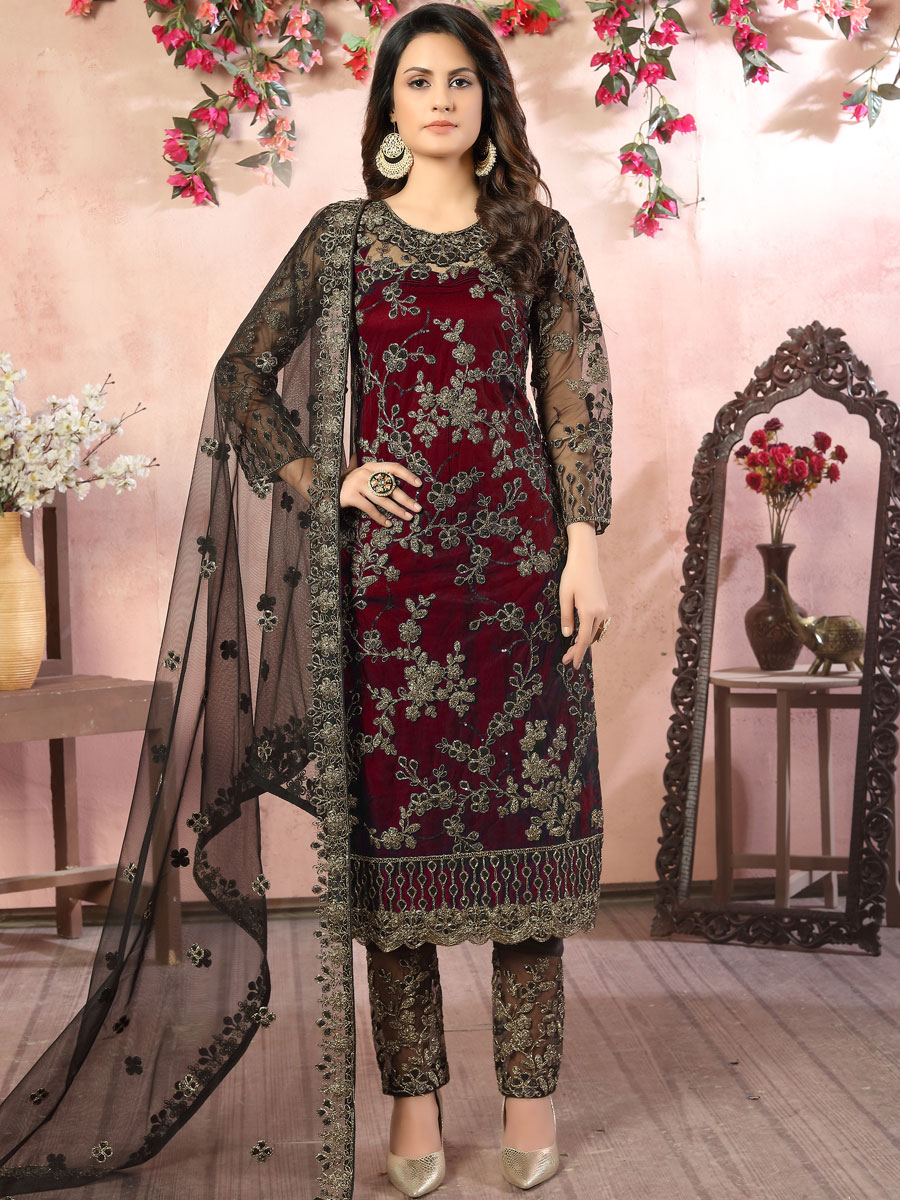 Maroon Net Embroidered Party Pant Kameez