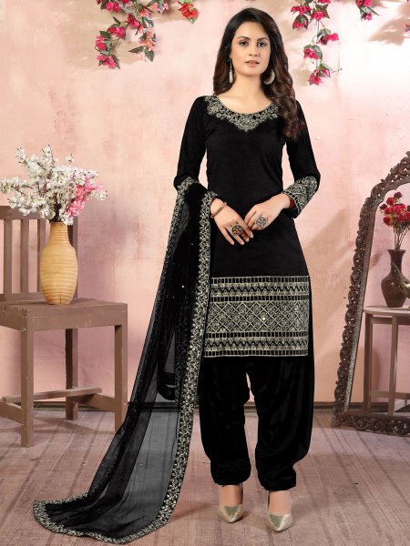 Black Art Silk Embroidered Party Patiala Pant Kameez