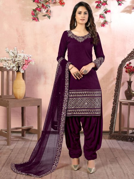 Byzantium Purple Art Silk Embroidered Party Patiala Pant Kameez