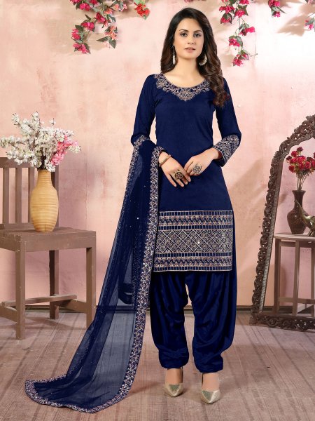 Navy Blue Art Silk Embroidered Party Patiala Pant Kameez