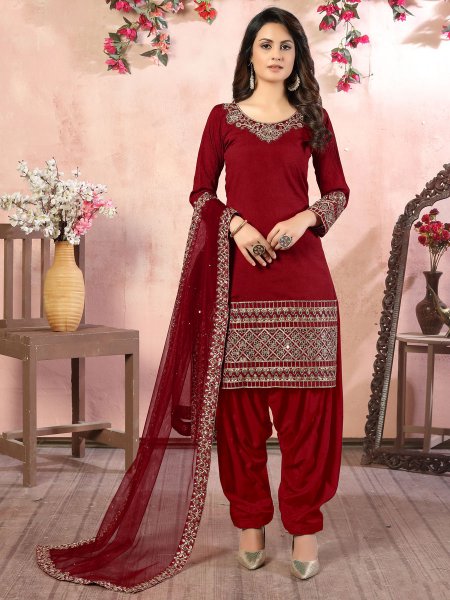 Carnelian Red Art Silk Embroidered Party Patiala Pant Kameez