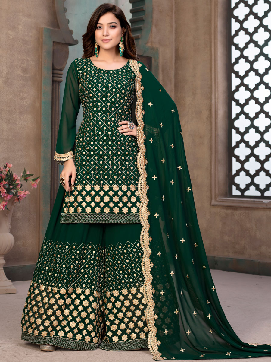 Hunter Green Faux Georgette Embroidered Festival Palazzo Pant Kameez