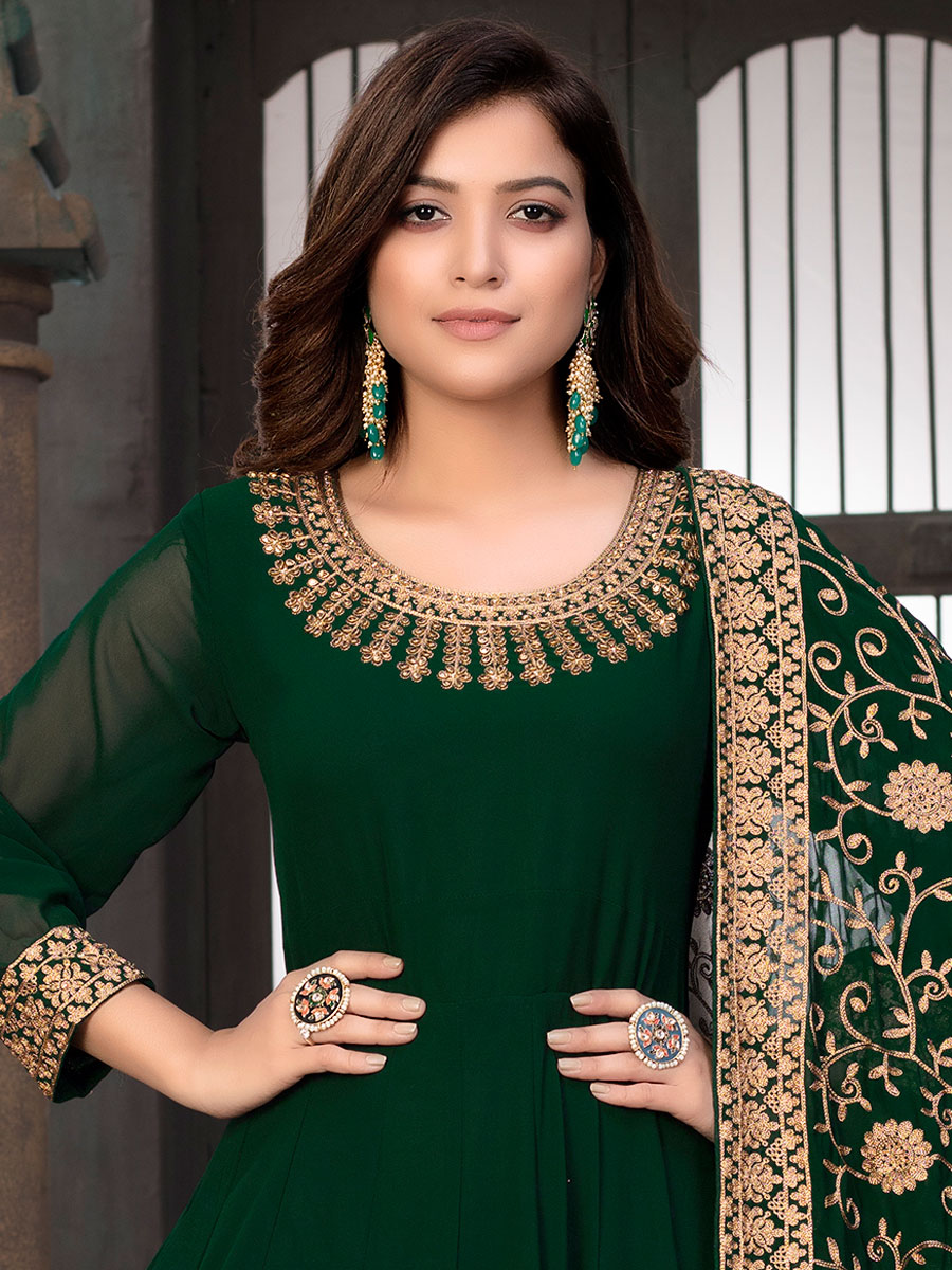 Hunter Green Faux Georgette Embroidered Festival Lawn Kameez