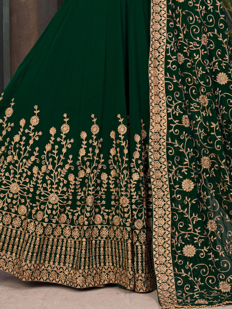 Hunter Green Faux Georgette Embroidered Festival Lawn Kameez