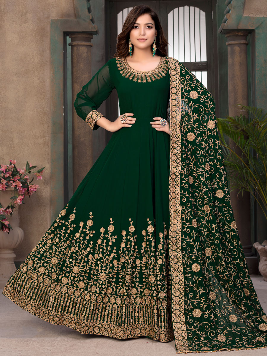 Hunter Green Faux Georgette Embroidered Festival Lawn Kameez