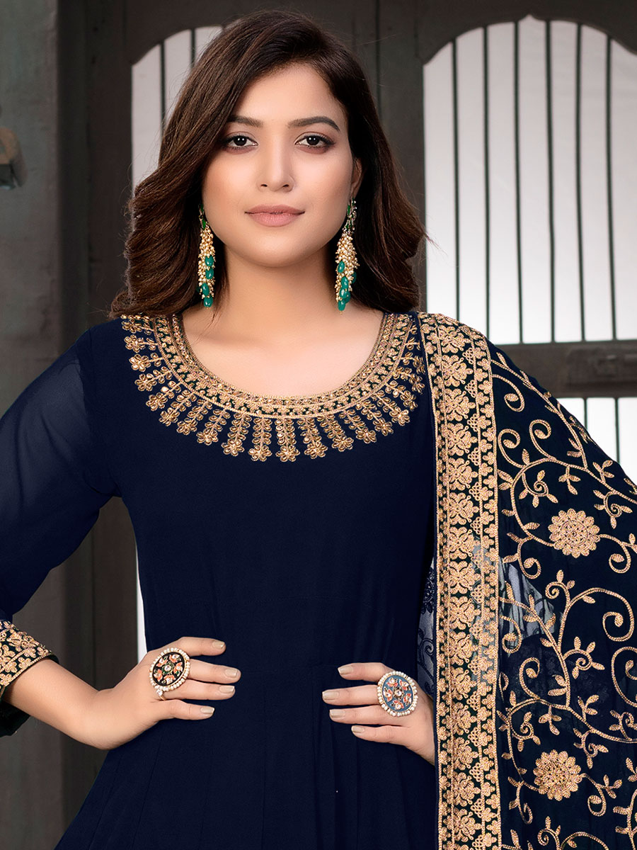 Navy Blue Faux Georgette Embroidered Festival Lawn Kameez