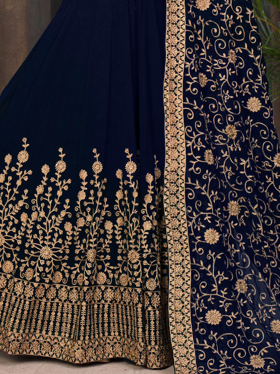 Navy Blue Faux Georgette Embroidered Festival Lawn Kameez