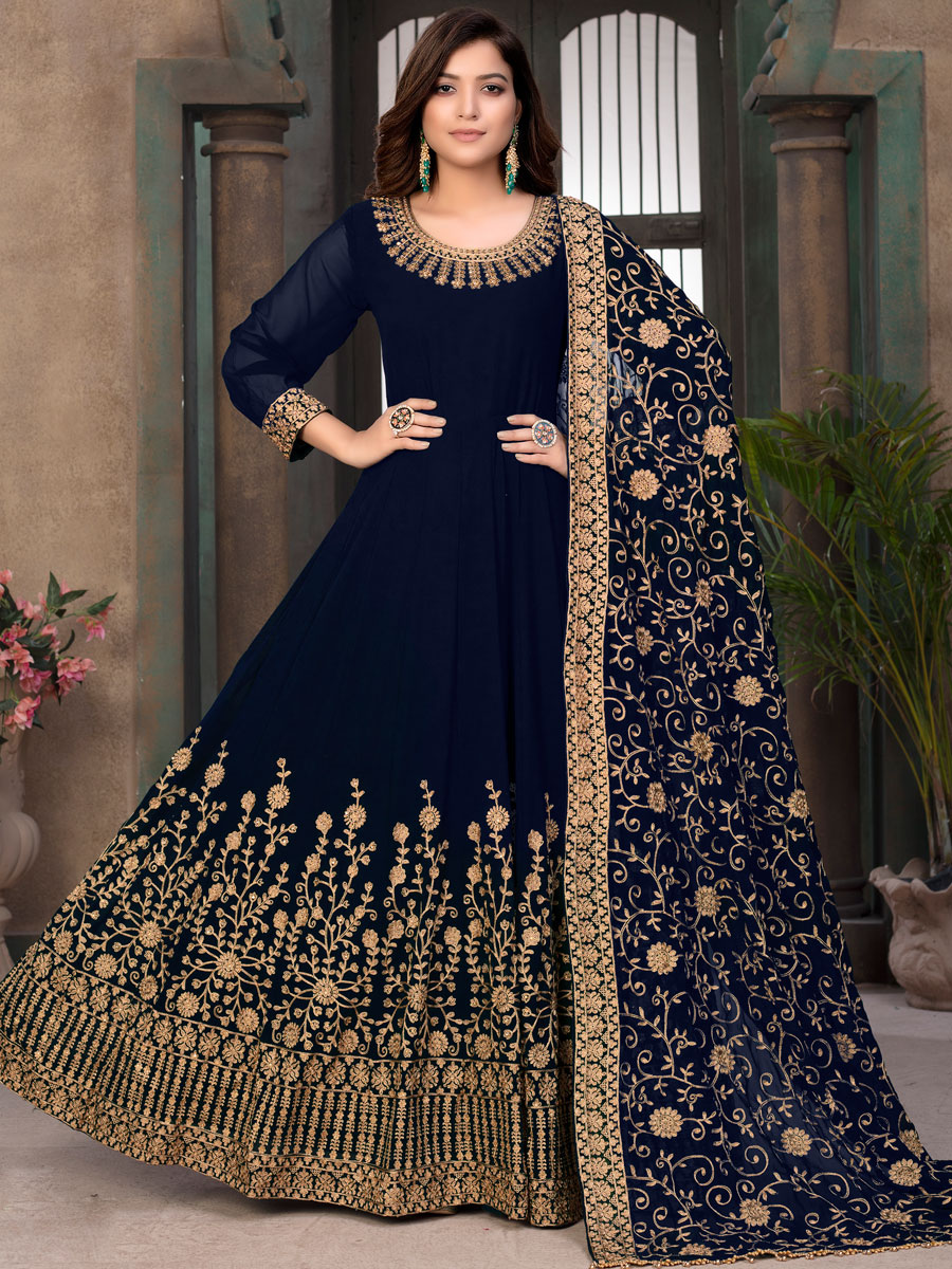 Navy Blue Faux Georgette Embroidered Festival Lawn Kameez