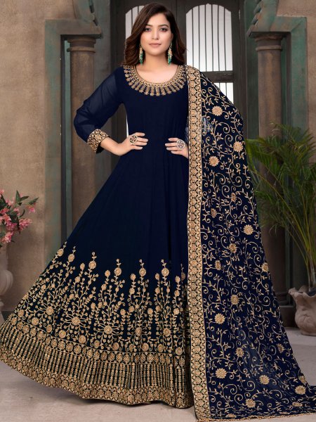 Navy Blue Faux Georgette Embroidered Festival Lawn Kameez