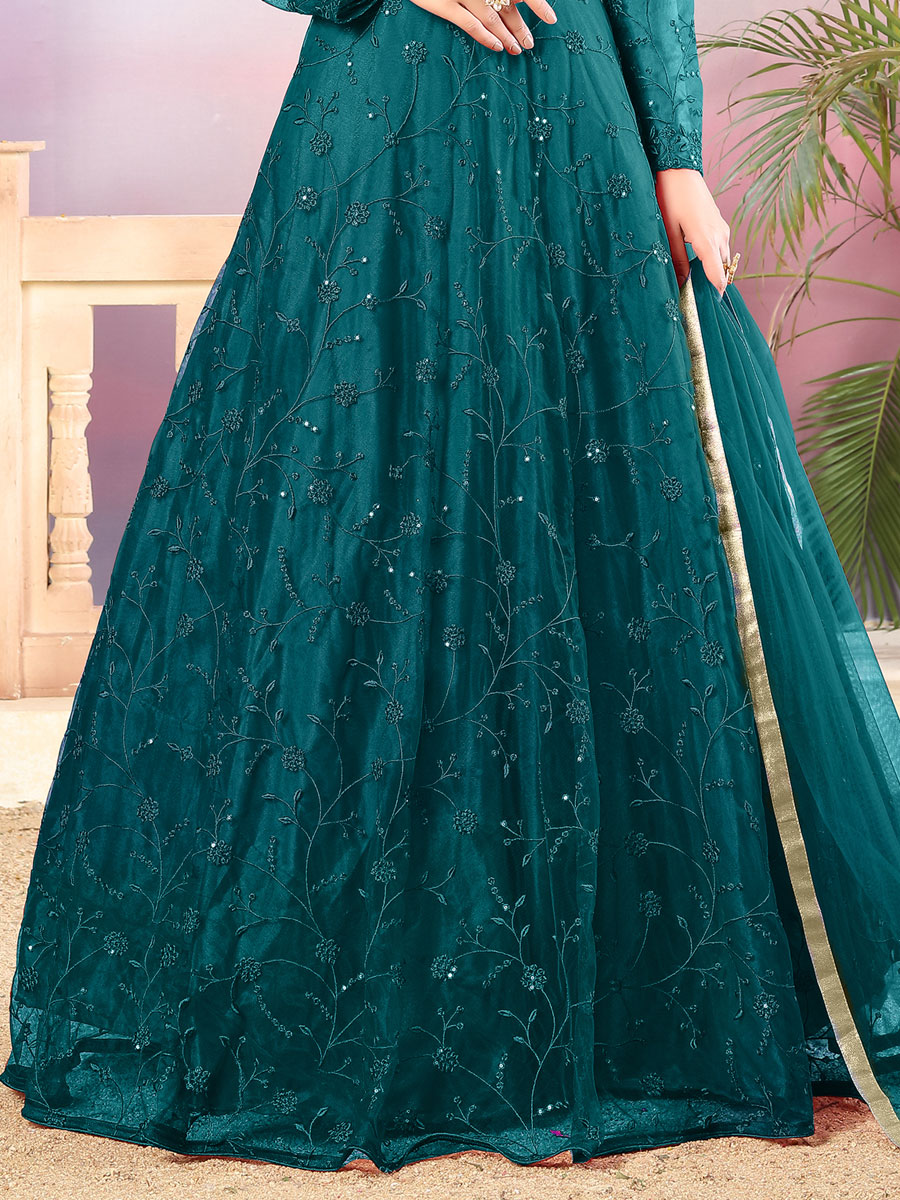 Cerulean Blue Net Embroidered Party Lawn Kameez.
