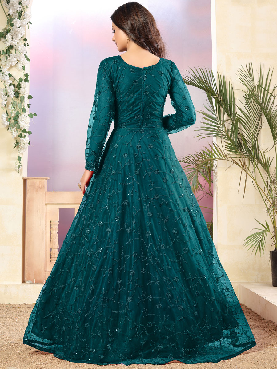 Cerulean Blue Net Embroidered Party Lawn Kameez.