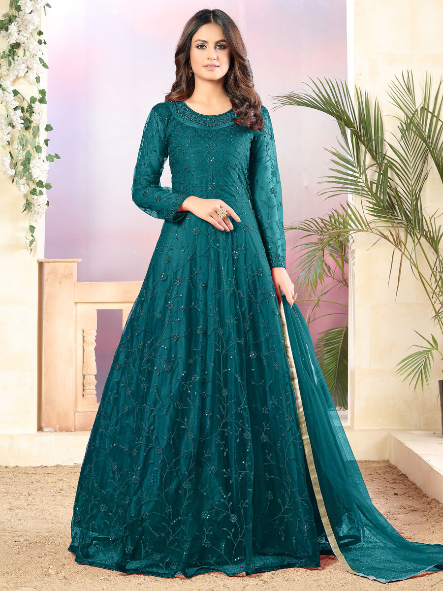 Cerulean Blue Net Embroidered Party Lawn Kameez.