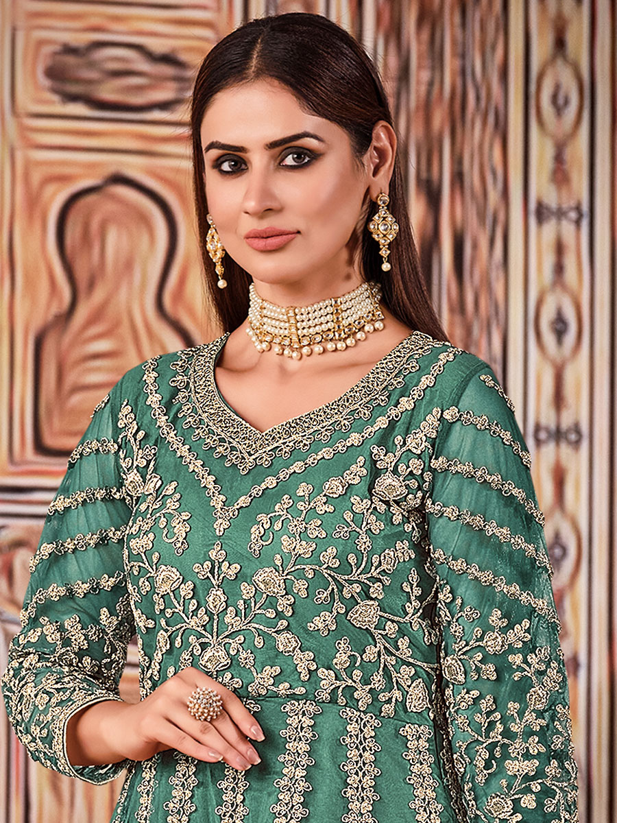Teal Green Net Embroidered Party Lawn Kameez