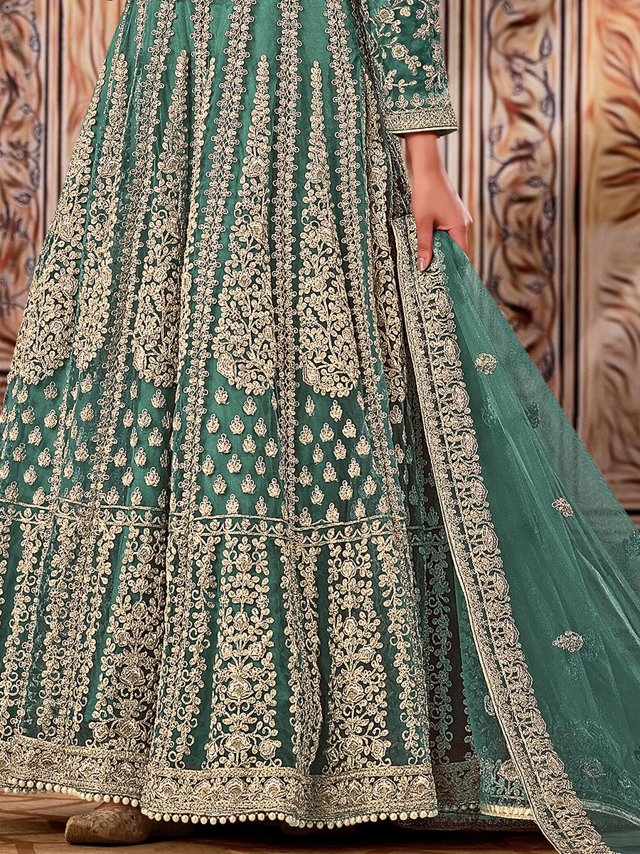 Teal Green Net Embroidered Party Lawn Kameez