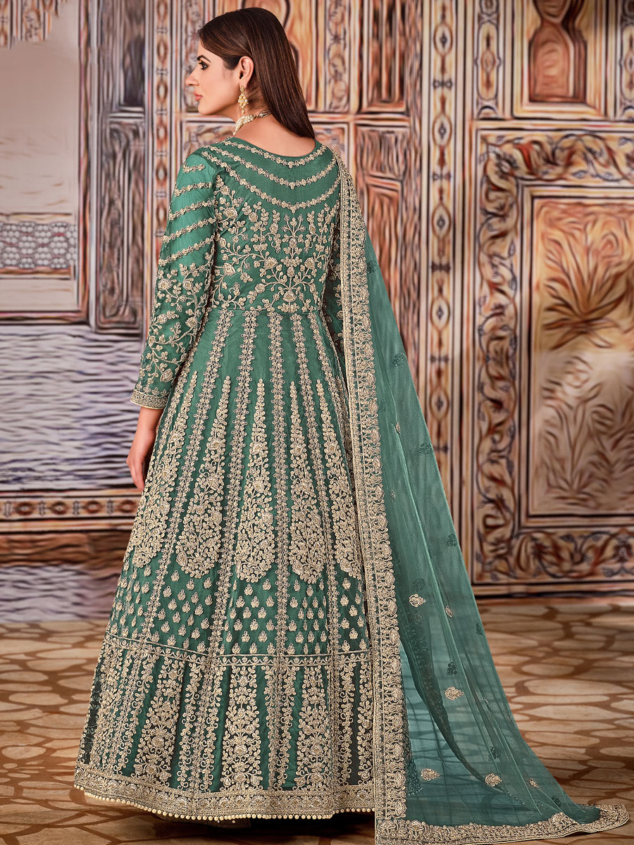 Teal Green Net Embroidered Party Lawn Kameez
