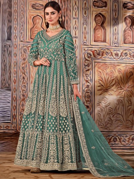 Teal Green Net Embroidered Party Lawn Kameez