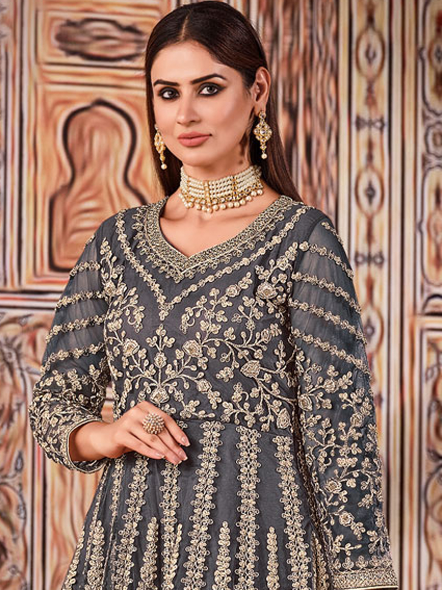 Taupe Gray Net Embroidered Party Lawn Kameez