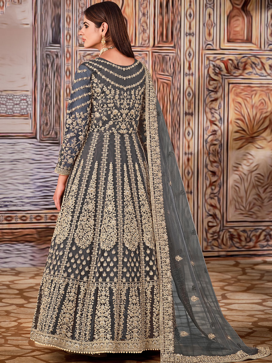 Taupe Gray Net Embroidered Party Lawn Kameez