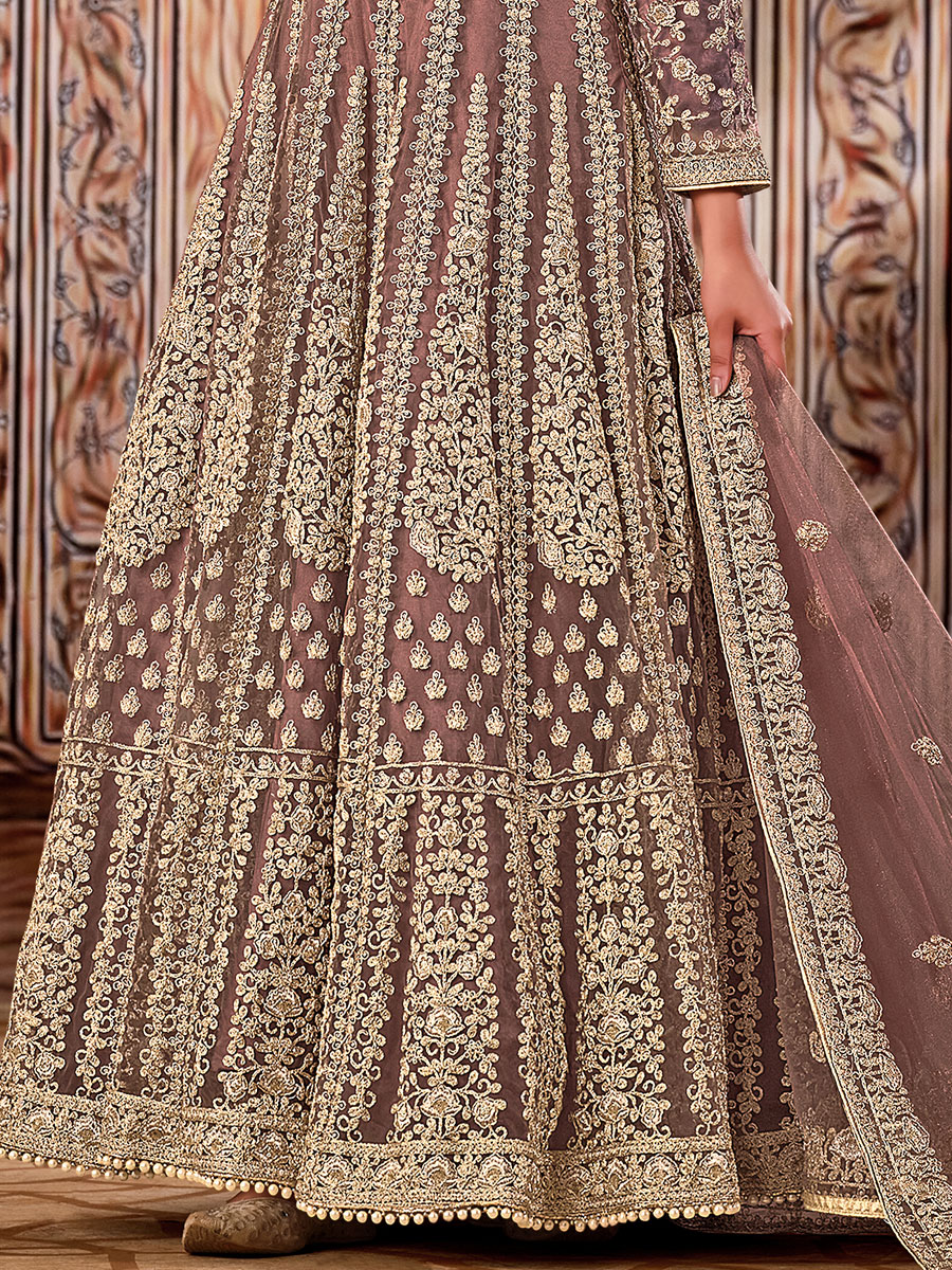 Mauve Taupe Red Net Embroidered Party Lawn Kameez