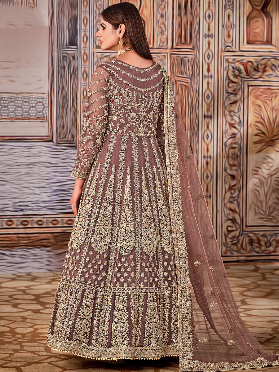 Mauve Taupe Red Net Embroidered Party Lawn Kameez