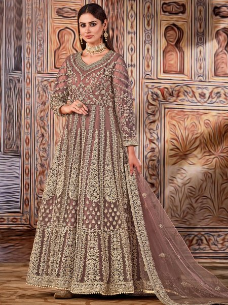 Mauve Taupe Red Net Embroidered Party Lawn Kameez