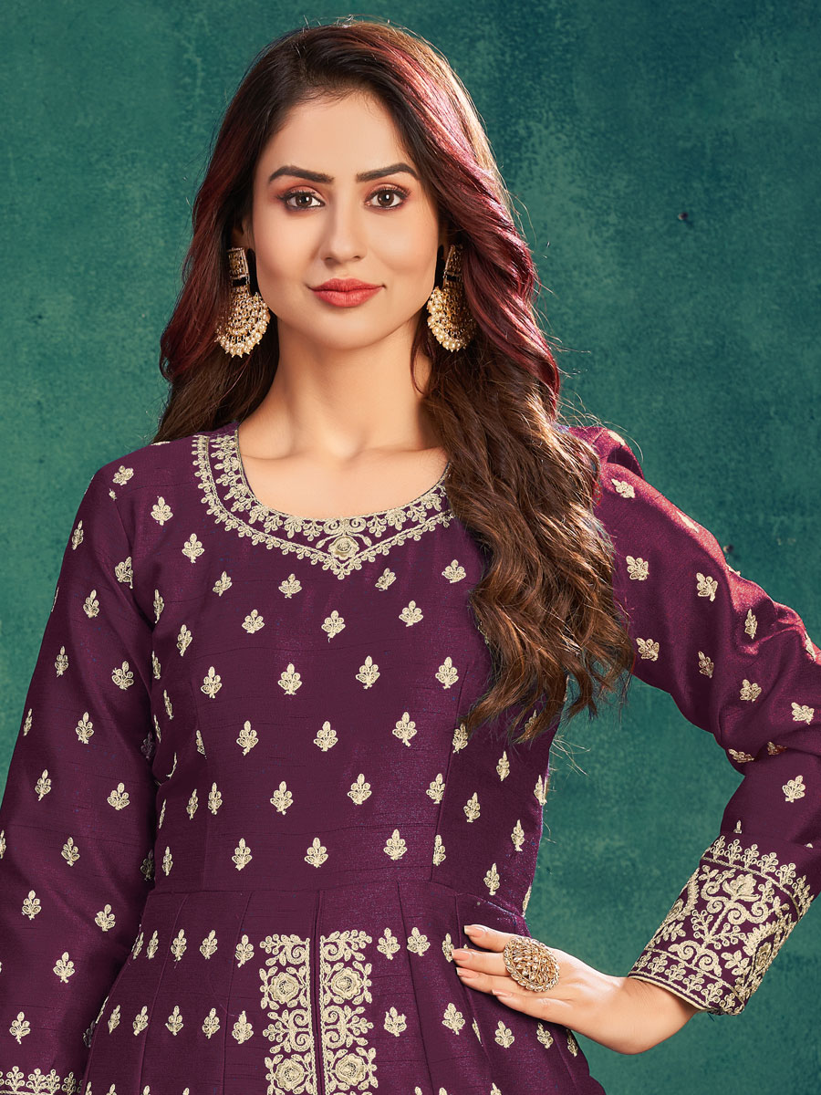 Byzantium Purple Art Silk Embroidered Festival Lawn Kameez