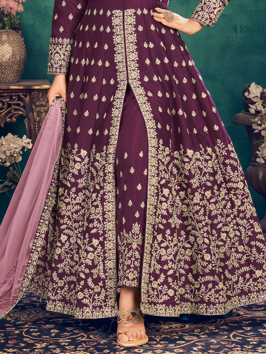 Byzantium Purple Art Silk Embroidered Festival Lawn Kameez