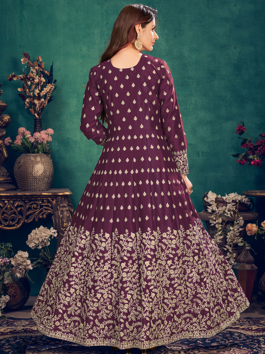 Byzantium Purple Art Silk Embroidered Festival Lawn Kameez