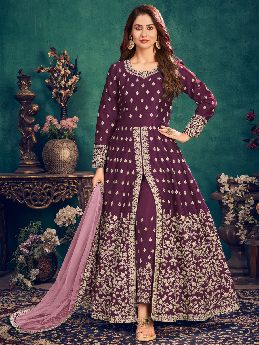 Byzantium Purple Art Silk Embroidered Festival Lawn Kameez
