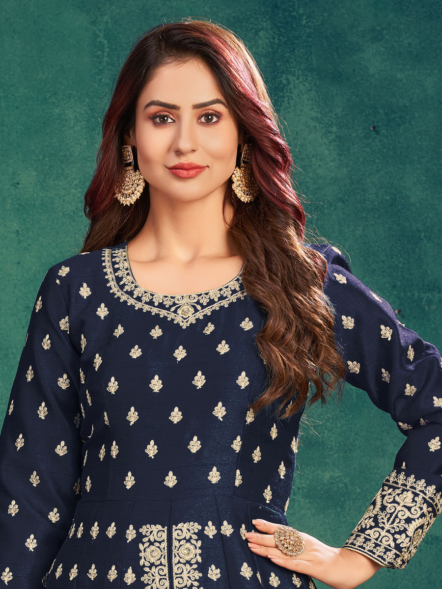 Midnight Blue Art Silk Embroidered Festival Lawn Kameez