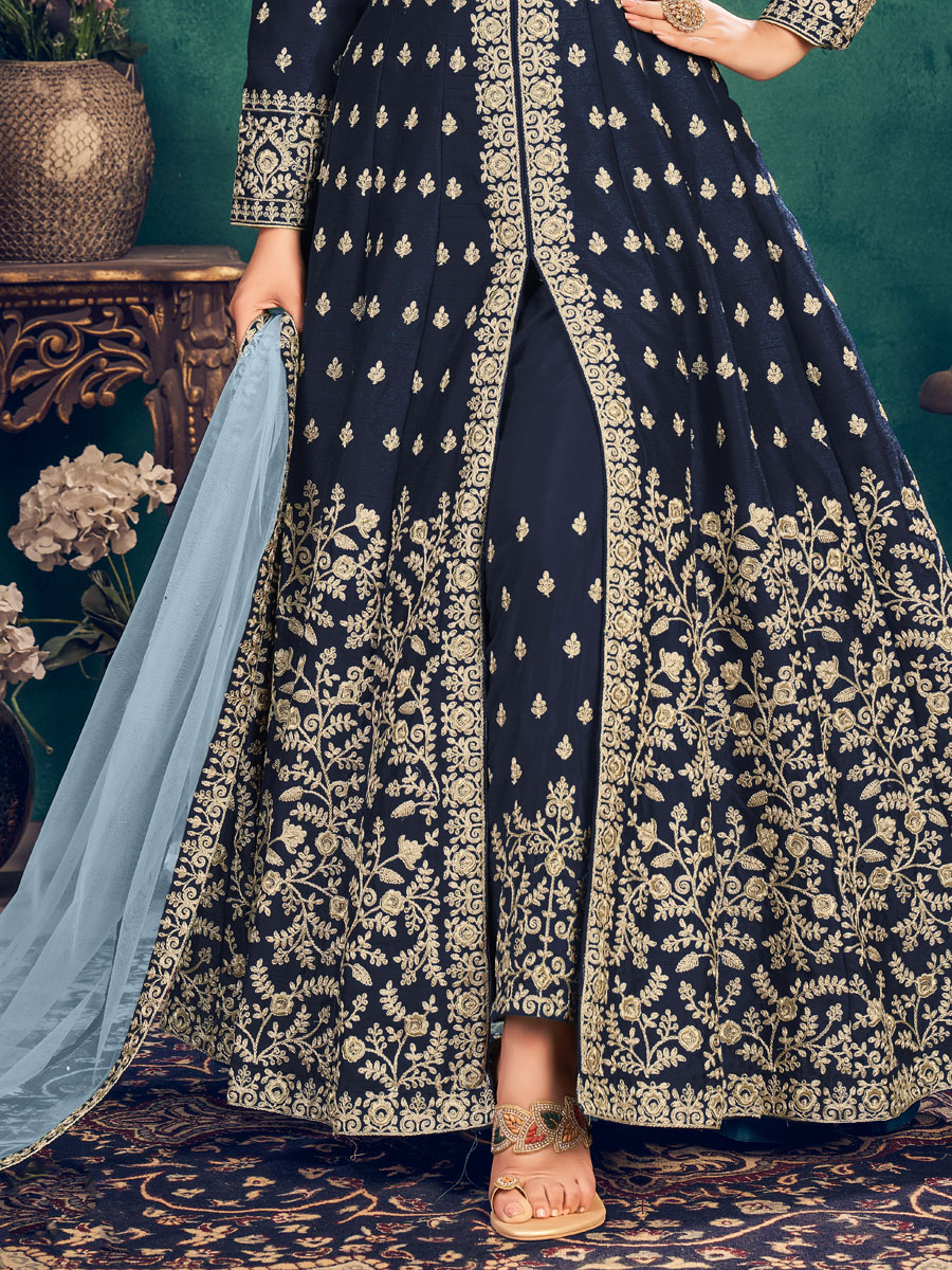 Midnight Blue Art Silk Embroidered Festival Lawn Kameez