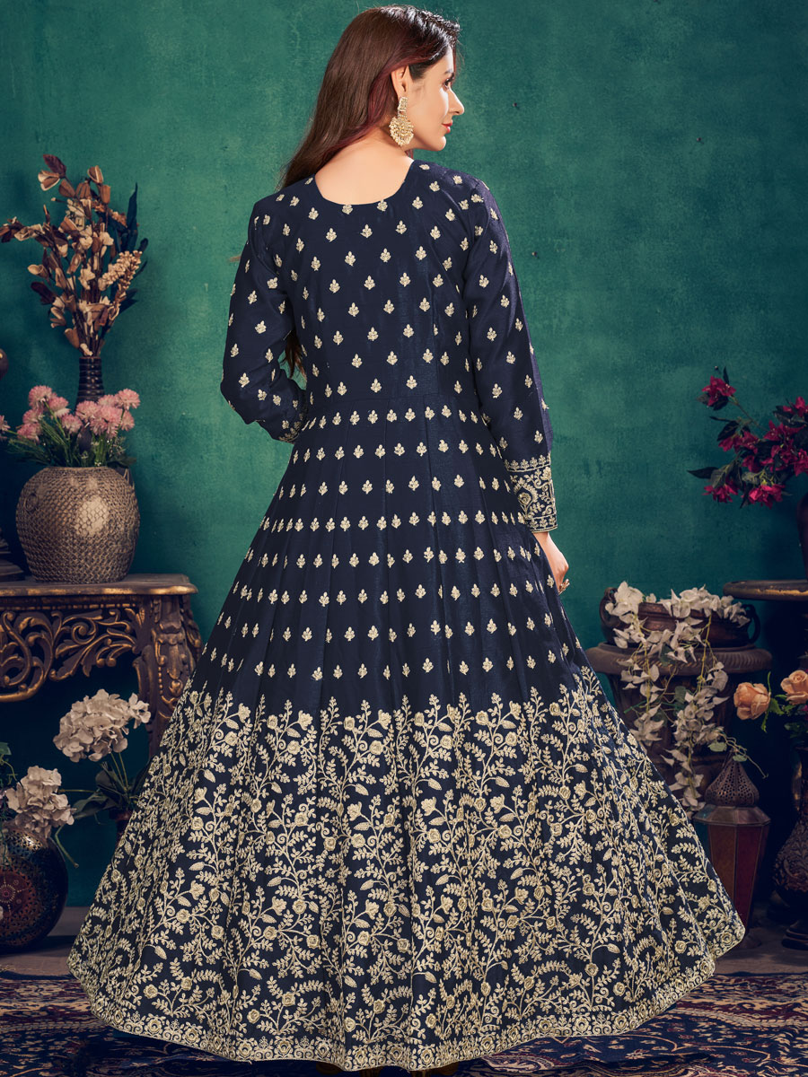 Midnight Blue Art Silk Embroidered Festival Lawn Kameez
