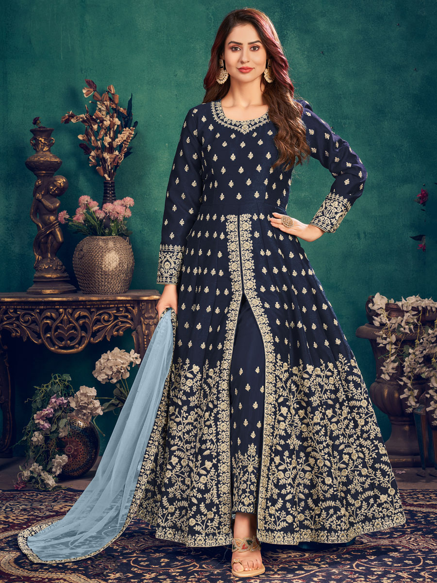 Midnight Blue Art Silk Embroidered Festival Lawn Kameez