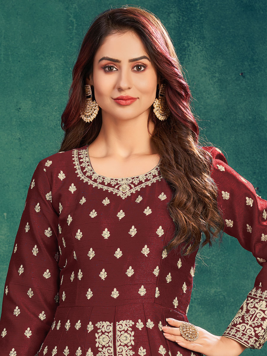 Maroon Art Silk Embroidered Festival Lawn Kameez