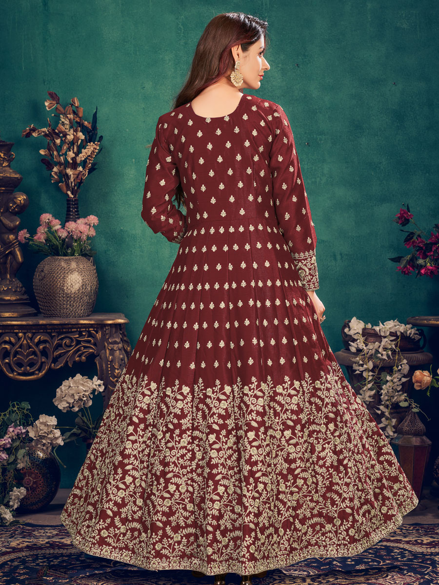 Maroon Art Silk Embroidered Festival Lawn Kameez