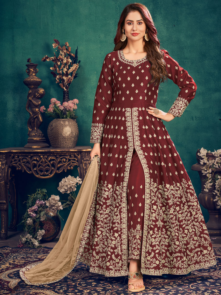 Maroon Art Silk Embroidered Festival Lawn Kameez