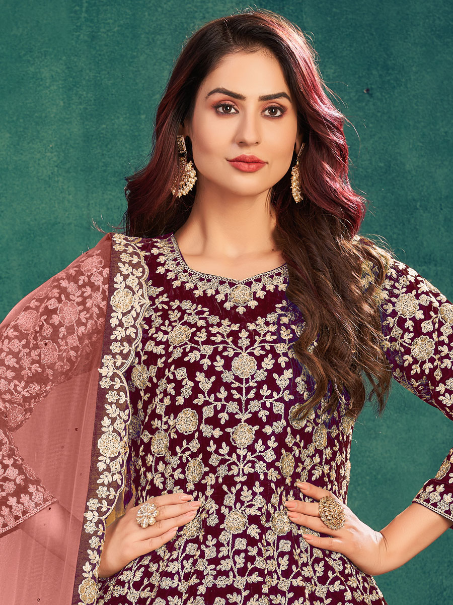 Maroon Velvet Embroidered Festival Lawn Kameez