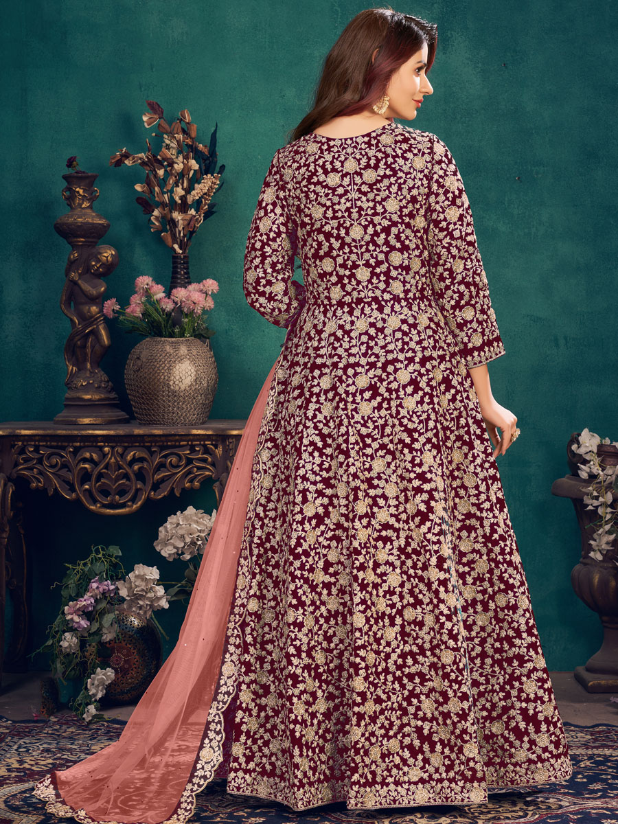 Maroon Velvet Embroidered Festival Lawn Kameez