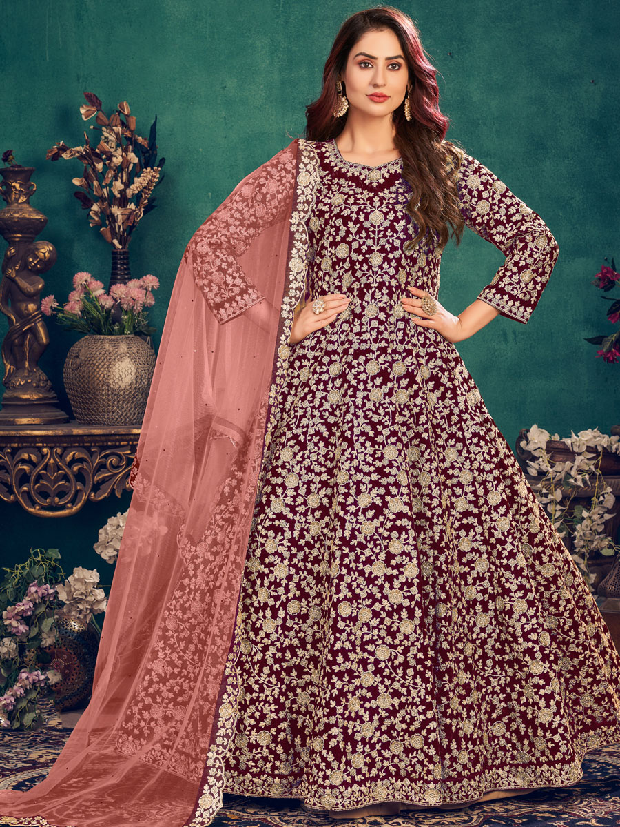 Maroon Velvet Embroidered Festival Lawn Kameez