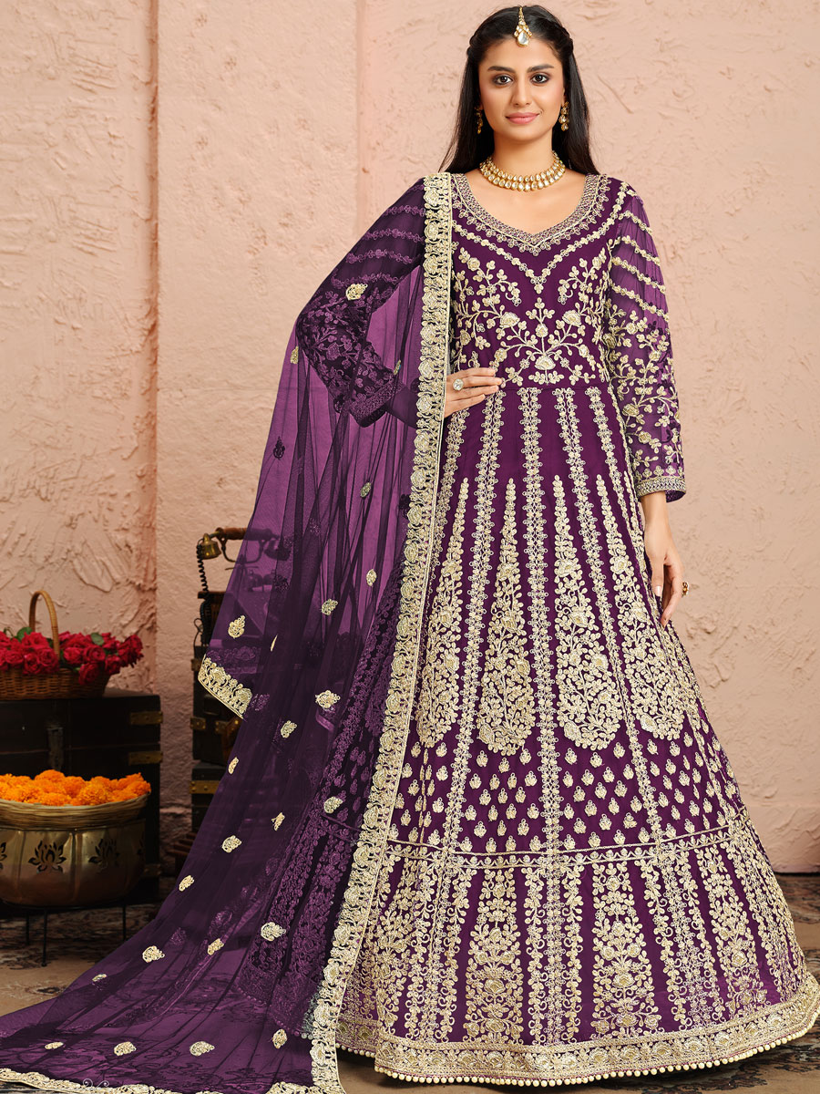 Purple Net Embroidered Festival Lawn Kameez